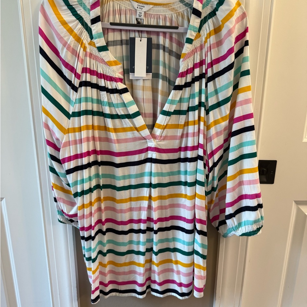 crown & ivy Women’s Plus Size 3X Multicolor Striped 3/4 sleeve Peasant Blouse - Picture 2 of 9